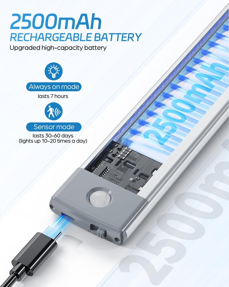 HIBOITEC ضوء خزانة HIBOITEC LED بحساس حركة 2500mAh عبوتين قابلة لإعادة الشحن تحت المنضدة إضاءة خزانة، ضوء ليلي لاسلكي مع 54 LED للخزانة، خزانة الملابس، المطبخ، الممر، السلالم - Image 3